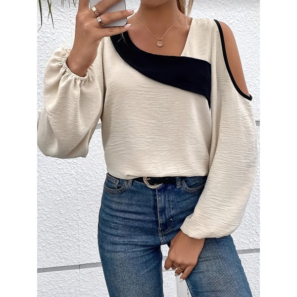 Plus Size Colorblock Cold Shoulder Blouse, Casual Asymmetrical Neck Long Sleeve Blouse For Spring, Women's Plus Size&nbsp;Clothing