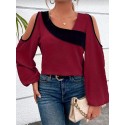 Plus Size Colorblock Cold Shoulder Blouse, Casual Asymmetrical Neck Long Sleeve Blouse For Spring, Women's Plus Size&nbsp;Clothing