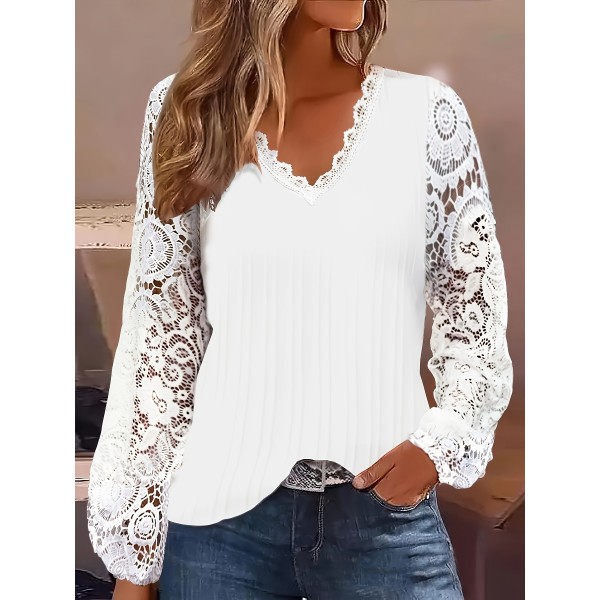 Plus Size Lace Stitching Solid Blouse, Elegant V Neck Long Sleeve Blouse For Spring, Women's Plus Size&nbsp;Clothing