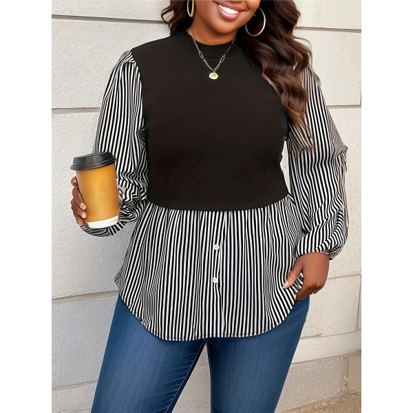 Plus Size Striped Print Blouse, Casual Crew Neck Long Sleeve Blouse For Spring, Women's Plus Size&nbsp;Clothing