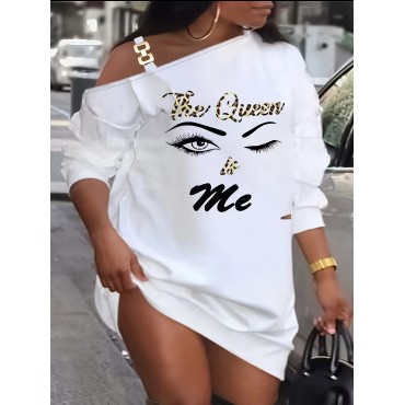 Plus Size The Queen Is Me Print Dress, Casual Chain Linked Cold Shoulder Long Sleeve Dress, Women's Plus Size Clothing Plus Size The Queen Is Me Print Dress, Casual Chain Linked Cold Shoulder Long Sleeve Dress, Women's Plus Size Clothing